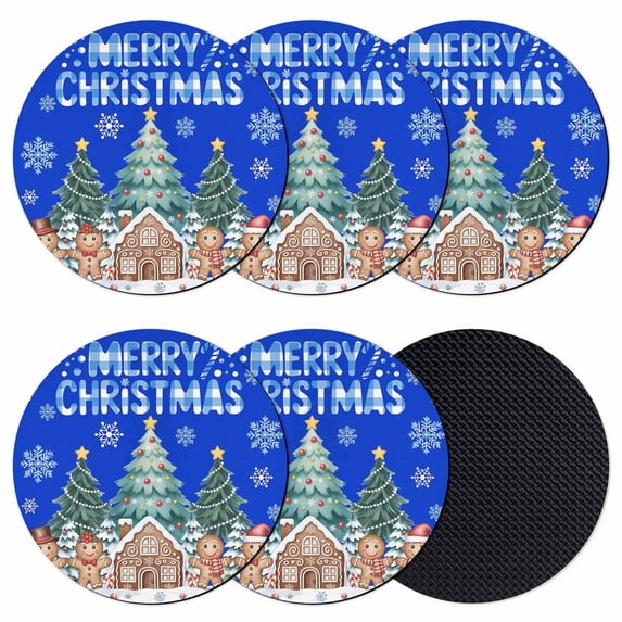 Gingerbread Christmas Coasters Set of 6, Absorbent Coasters for Drinks, Xmas Tree Snowflake Blue Coaster for Desk Coffee Table Protection, Home Decor House Warming Gifts 4"