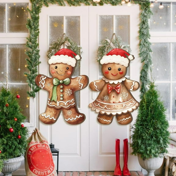 Gingerbread Christmas Decorations - 2 Pcs Rustic Wooden Wreaths & Hanging Signs, Gingerbread Man Welcome Decor for Front Door, Porch, Walls, Yard, Indoor & Outdoor