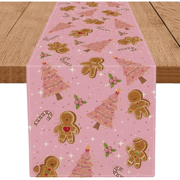 Gingerbread Christmas Decorations Pink Table Runner Pink Tree Glitter Xmas Winter Candy Cane Holiday Kitchen Dining Merry Christmas Table Decor 13x48 Inch