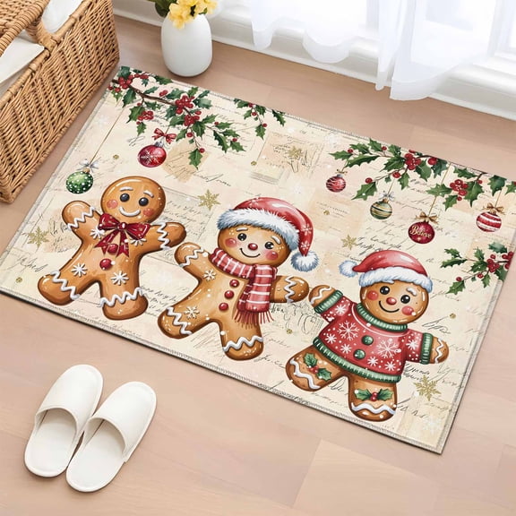 Gingerbread Christmas Entryway Rug 2'x3' Non Slip Front Door Mats, Xmas Balls Branches Beige Rustic Entrance Rugs Indoor Outdoor Carpet, Washable Floor Mats Small Area Rug for Bedroom Kitchen