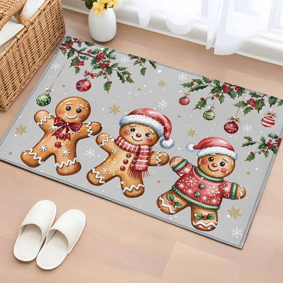 Gingerbread Christmas Entryway Rug 2'x3'&nbsp; Non Slip Front Door Mats, Xmas Balls Branches Grey Entrance Rugs Indoor Outdoor Carpet, Washable Floor Mats Small Area Rug for Bedroom Kitchen