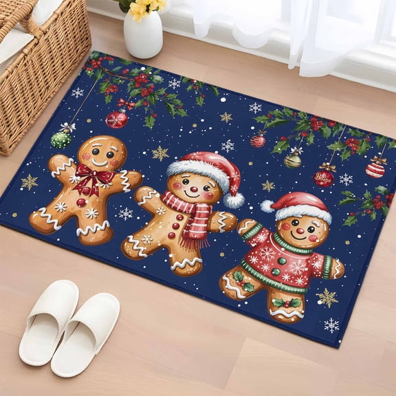 Gingerbread Christmas Entryway Rug 2'x3' Non Slip Front Door Mats, Xmas Balls Branches Navy Blue Entrance Rugs Indoor Outdoor Carpet, Washable Floor Mats Small Area Rug for Bedroom Kitchen