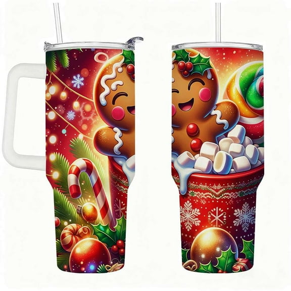 Gingerbread Christmas Insulated Tumbler with Lid and Straw, Holiday Cocoa Mug with Candy Cane & Ornaments, Stainless Steel Travel Cup
