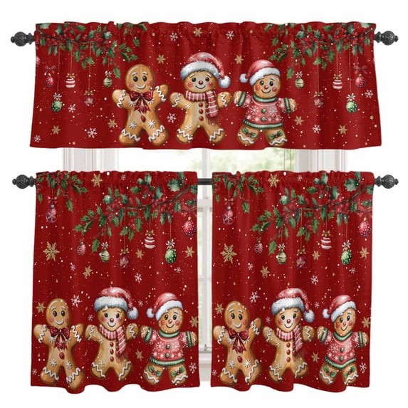 Gingerbread Christmas Kitchen Curtains Sets for Windows 24 Inch Length, Xmas Balls Branches Red Rod Pocket Window Treatments Tier Curtains and Valances Set for Bedroom/Bathroom