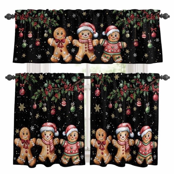 Gingerbread Christmas Kitchen Curtains Sets for Windows 36 Inch Length, Xmas Balls Branches Black Rod Pocket Window Treatments Tier Curtains and Valances Set for Bedroom/Bathroom