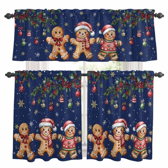 Gingerbread Christmas Kitchen Curtains Sets for Windows 36 Inch Length, Xmas Balls Branches Navy Blue Rod Pocket Window Treatments Tier Curtains and Valances Set for Bedroom/Bathroom