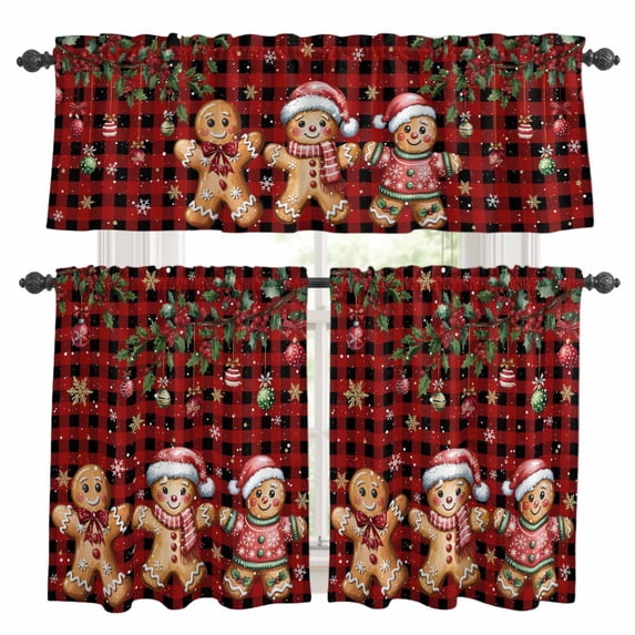 Gingerbread Christmas Kitchen Curtains Sets for Windows 36 Inch Length, Xmas Balls Branches Red Buffalo Plaid Rod Pocket Window Treatments Tier Curtains and Valances Set for Bedroom/Bathroom