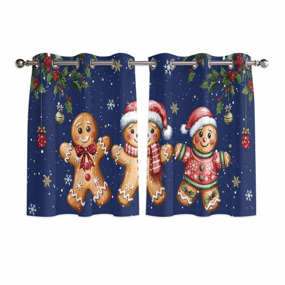 Gingerbread Christmas Kitchen Curtains Window Panels, Xmas Balls Branches Navy Blue Insulated Window Treatment Curtain, Grommet Curtains for Bedroom/Living Room/Bathroom, 2 Piece 52"Wx45"L
