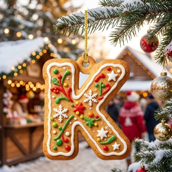 Gingerbread Christmas Letter Ornament, 2D Acrylic Initial Hanging Decor, Gingerbread Cookies Printed Monogram Ornament, Flat Lightweight Letter Decor for Wreath Garland Stocking Door Window-K