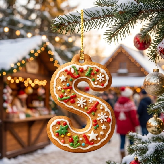 Gingerbread Christmas Letter Ornament, 2D Acrylic Initial Hanging Decor, Gingerbread Cookies Printed Monogram Ornament, Flat Lightweight Letter Decor for Wreath Garland Stocking Door Window-S