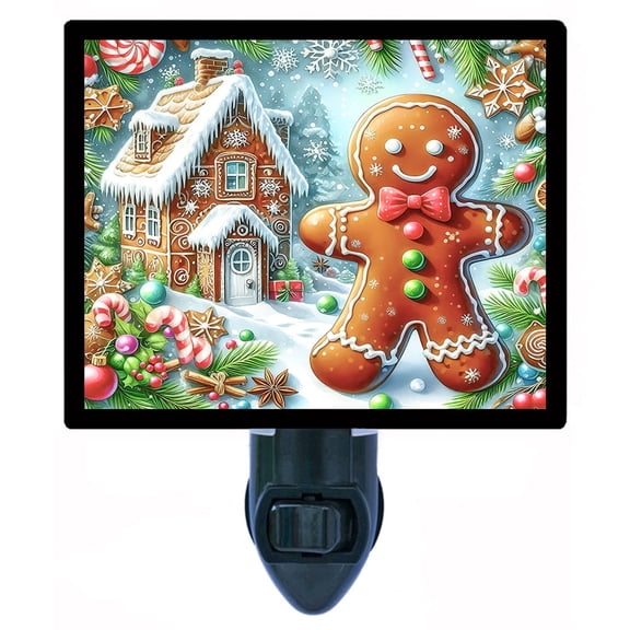 Gingerbread Christmas Night Light  Festive Cookie House and Smiling Gingerbread Man with Candy Canes and Snowy Holiday Dcor  Includes Free Switchable Insert