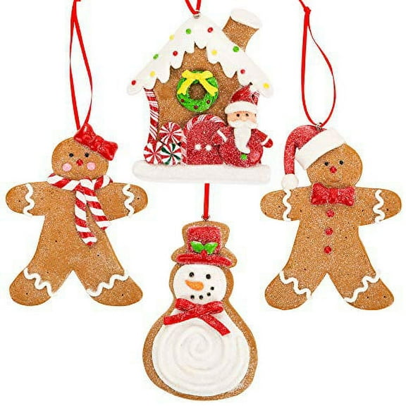 Gingerbread Christmas Ornaments - Man Boy Girl Gingerbread House Snowman Cookie Rustic Christmas Decorations Set of 4 - Claydough Christmas Tree Decorations - Christmas Tree Ornaments with G