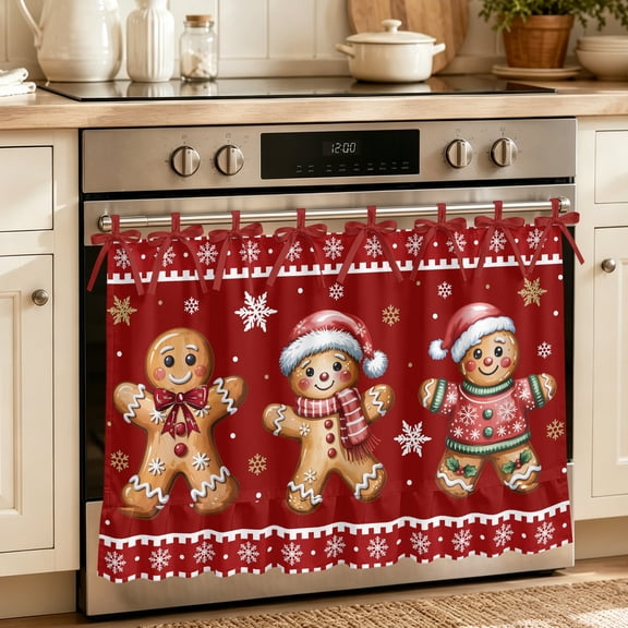 Gingerbread Christmas Oven Skirt Curtain 32"Wx24"L,Waterproof Ruffled Stove Cover Skirt with 8 Ribbon Ties,Red Golden Snowflake Winter Xmas Decorative Oven Door Curtains for Kitchen Cabinet Storage