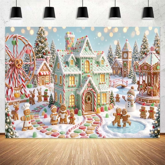 Gingerbread Christmas Photo Backdrop 5X3ft, Winter Xmas House Background,Candy Land Wonderland Snowy Gingerbread Man Carousel Banner for Kids Holiday Party Photography Studio Decor