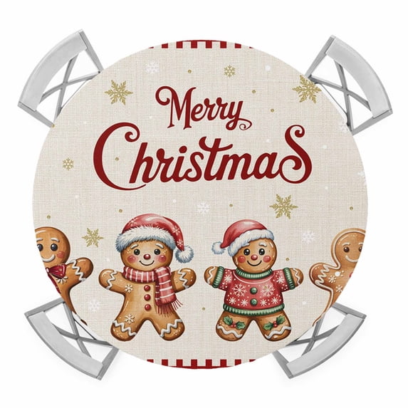 Gingerbread Christmas Round Tablecloth for 45-54 Inch Tables,Fitted Table Cover with Elastic Edge,Red Snowflake Golden Winter Xmas Waterproof Outdoor Table Cloth Protector for Patio Garden Dinner