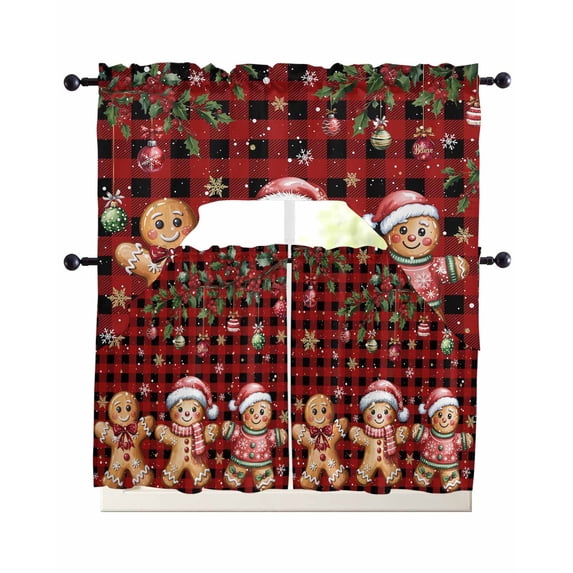 Gingerbread Christmas Swag Curtains for Living Room/Bedroom Windows, Xmas Balls Branches Red Buffalo Plaid Kitchen Curtains and Valances Set 36 Inch Length, Swags Valance Curtain Panels
