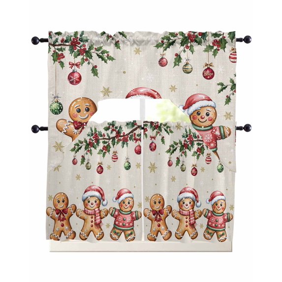 Gingerbread Christmas Swag Kitchen Curtains Sets for Windows 24 Inch Length, Xmas Balls Branches Farmhouse Short Window Curtain Panels Swags Valances and Tiers 3 Piece Set for Cafe/Dining Room