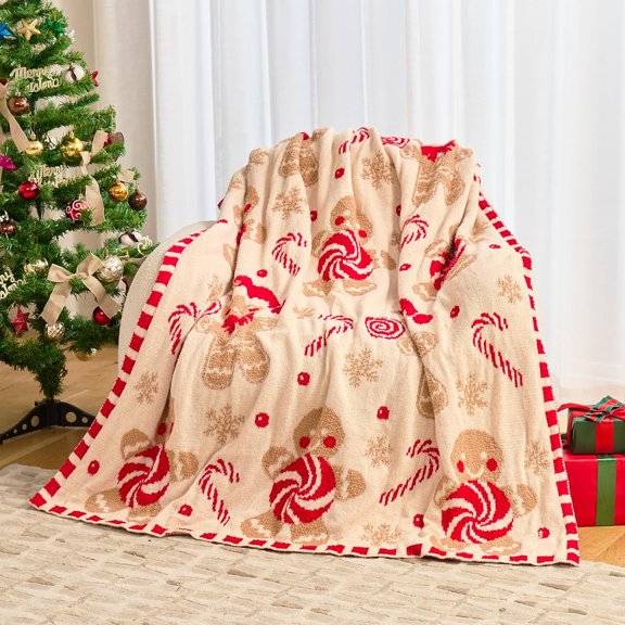 Gingerbread Christmas Throw Blanket Soft Knit Gingerbread Blanket Home Decor Plush Christmas Throw Candy Cane Bed Blanket Throws for Xmas Winter Bedding Couch 50x60 Inches