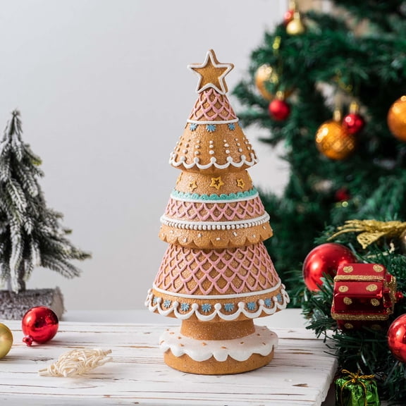 Gingerbread Christmas Tree Ornaments 9 Inch Resin Tabletop Holiday Display, Festive Desktop and Living Room Accents, Holiday Decor for Home Desktop Festival Party