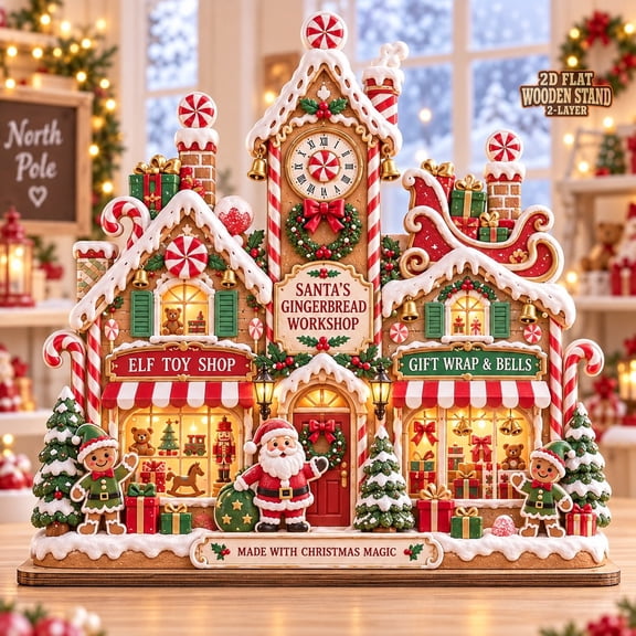 Gingerbread Christmas Village Wooden Block, Santa Workshop Tabletop Display for Seasonal Collectors