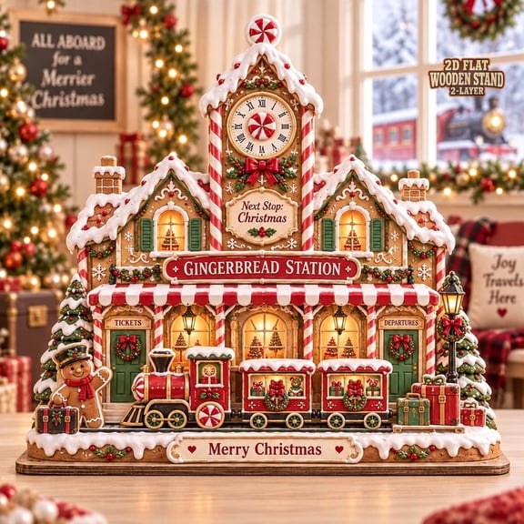 Gingerbread Christmas Village Wooden Block, Train Station with Peppermint Clock, Tabletop Display for Collectors