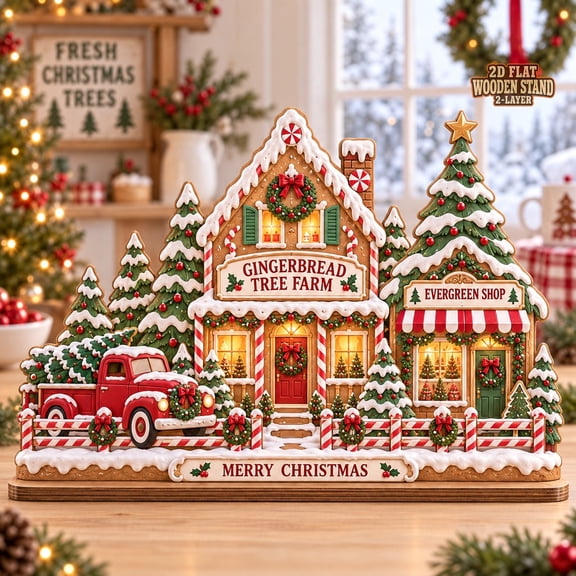 Gingerbread Christmas Village Wooden Block, Tree Farm Scene for Tabletop Display and Holiday Collectors