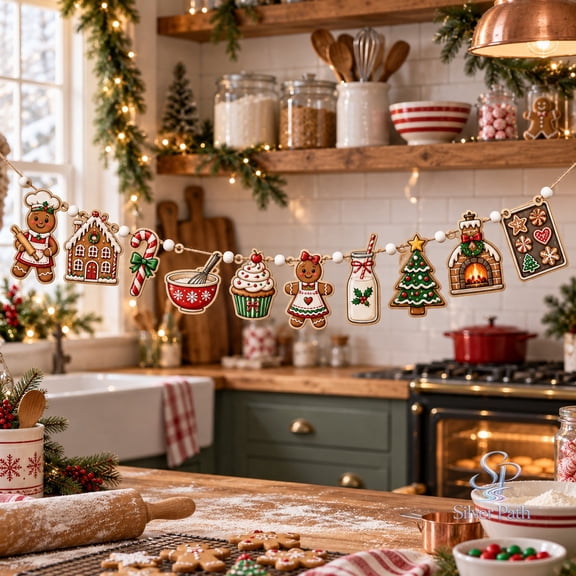 Gingerbread Christmas Ornament Wooden Garland, 10-Piece Kitchen Mantel Hanging for Holiday Bakers