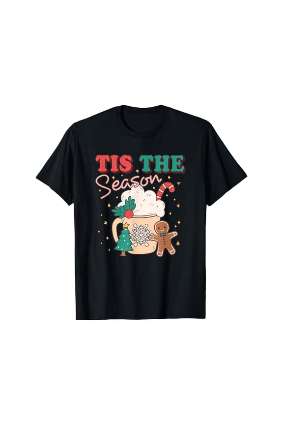 Gingerbread Coffee Tee "Tis The Season" Graphic Christmas Top Holiday Party Apparel Black S-5XL