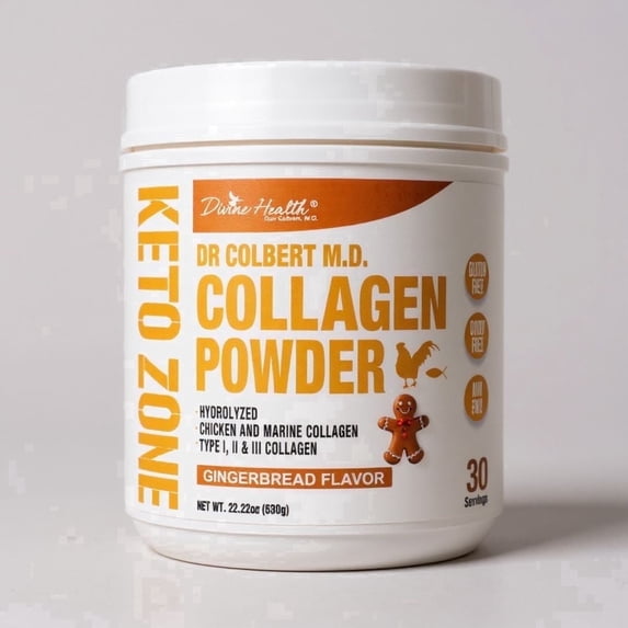 Dr. Colbert, MD Hydrolyzed Collagen Powder | Gingerbread Flavor | Divine Health | Type I, II, III Chicken & Marine | Hair, Skin & Nails | Recommended in Keto Zone | 630g | 30 Servings