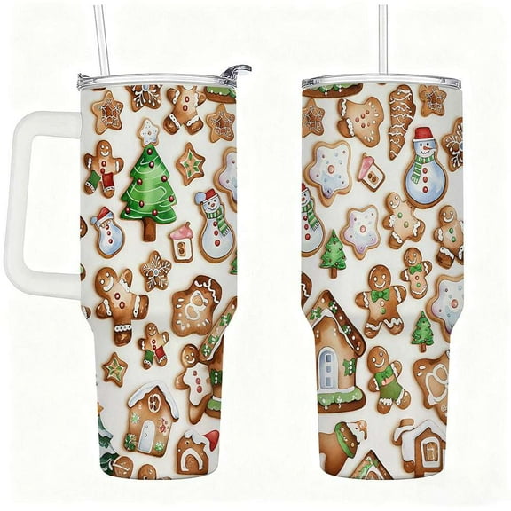 Gingerbread Cookie Christmas Tumbler with Lid and Straw, Holiday Gingerbread Man & Tree Pattern Insulated Stainless Steel Cup