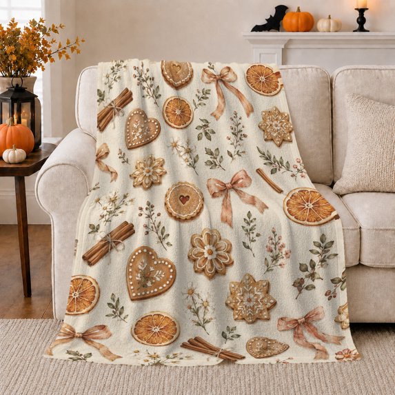 Gingerbread Cookie Holiday Theme Nostalgic Pattern, Festive Holiday Scene, Warm Flannel Blanket for Living Room and Reading Nook, Art Lovers Friendship Gift, Festive Home Decor