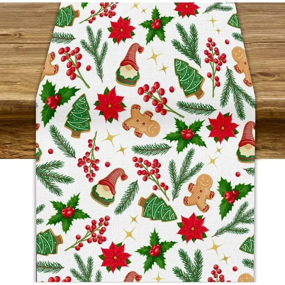 Gingerbread Cookies Christmas Table Runner, Seasonal Winter Xmas Kitchen Dining Table Decoration for Home Party Indoor Outdoor 13x108in