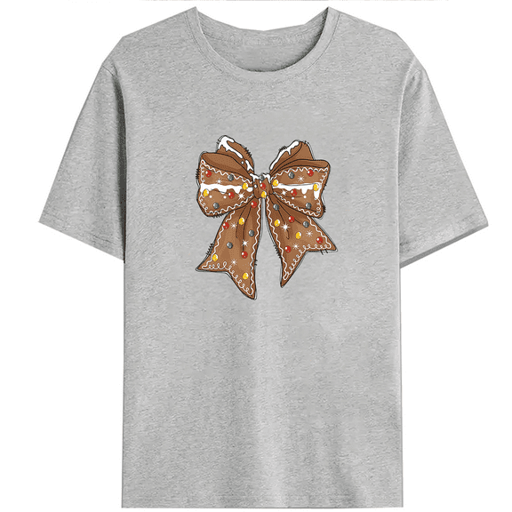 Gingerbread Coquette Bow Print Tshirts Christmas Graphic Tees Girly Christmas Shirts Short Sleeve Casual Tops for Holiday Gray,S
