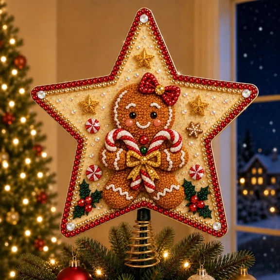 Gingerbread DIY Diamond Painting Christmas Tree Topper, Star Shaped Rhinestone Pearl Craft with Candy Cane Details and Spring Base, 1 Kit