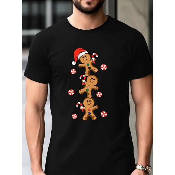 Gingerbread Delight T-Shirt (Festive Santa Hat and Candy Canes) – Black Short-Sleeve Crew Neck Holiday Style, Fun Essential | Christmas Print TShirt
