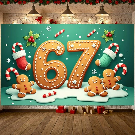 Gingerbread Design 67th Christmas Banner Candy Cane Pattern Holiday Display Snowflake Decor Number 67 Gingerbread Backdrop for Christmas Celebration 67th Anniversary Family Gathering