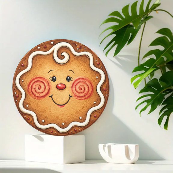Gingerbread Face Wreath Round Metal Tin Sign For Christmas Door And Wall Decor 8x8 Inch Round