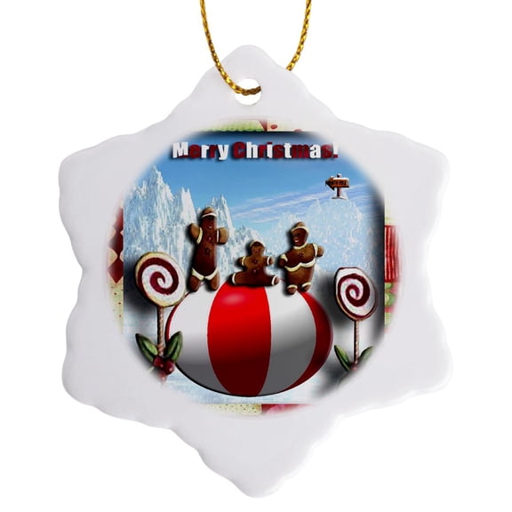 3drose, Gingerbread Family, Merry Christmas, 3d, 3 inch Snowflake Porcelain Ornament
