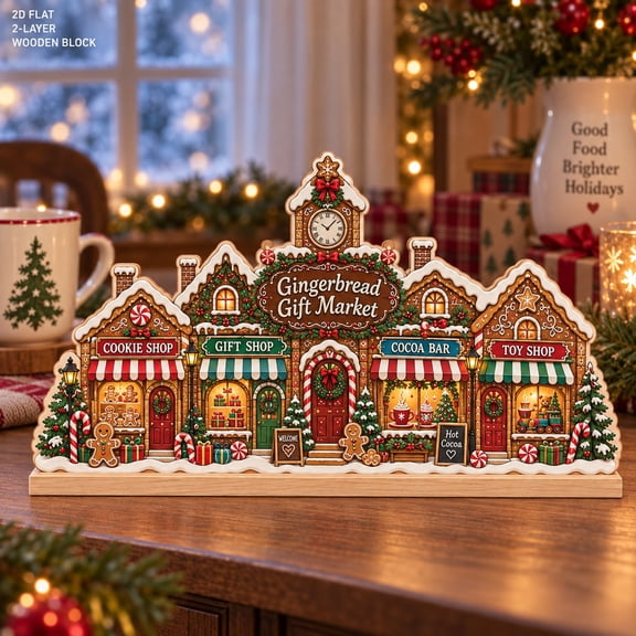 Gingerbread Gift Market Layered Wooden Block for Christmas Village Decor