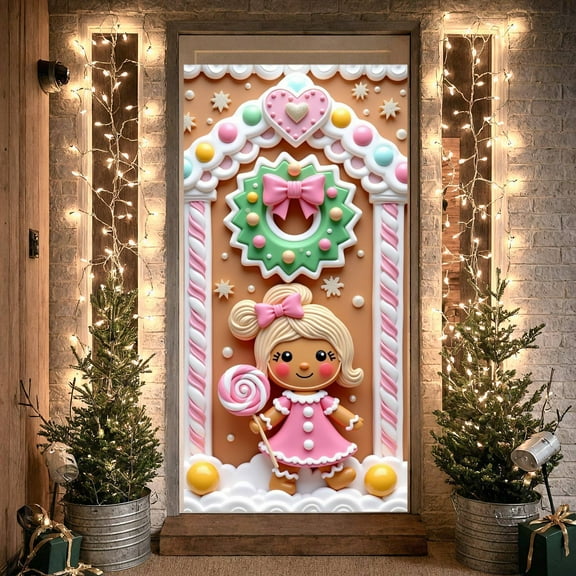Gingerbread Girl Gingerbread Banner Pink Bow Holiday Display Green Wreath Lollipop Sweet Backdrop for Christmas Party Holiday Celebration Kids Birthday