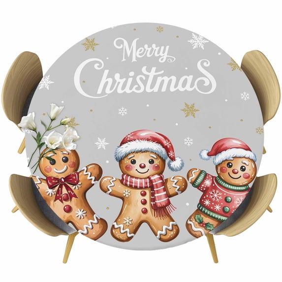 Gingerbread Grey Round Tablecloth, Fitted Table Cover with Elastic for 45"-54" Round Tables, Christmas Winter Snowflake Table Cloth Outdoor Indoor Dinning Party Waterproof Tablecloths