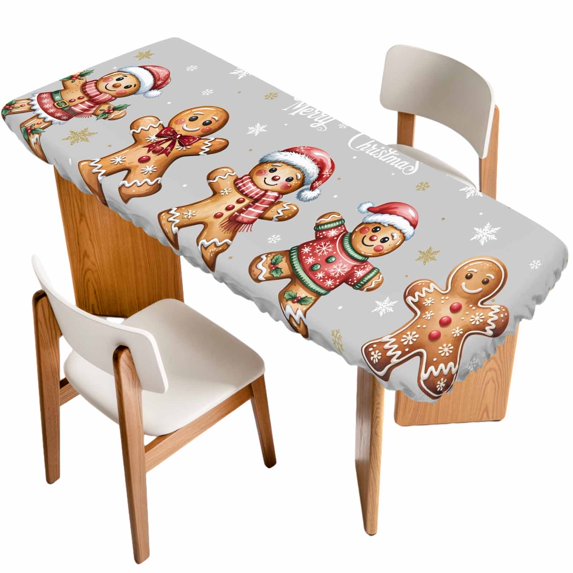Gingerbread Grey Table Cloths for 8 Foot Rectangle Tables, Christmas Winter Snowflake Patio Waterproof Elastic Fitted Tablecloths, Washable Rectangular Table Cover for Camping