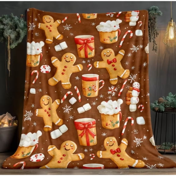 Gingerbread Hot Cocoa Print Flannel Throw Blanket, Choose From 30 x 40, 40 x 50, 50 x 60, 60 x 80 Inches, Soft Cozy Blanket for Couch