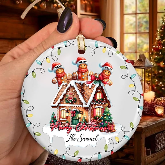Gingerbread House Ceramic Ornament Flat 2D Printed, Personalized Family of Three Gift, Gingerbread Cookies Holiday Decor, Customized Keepsake For New Baby