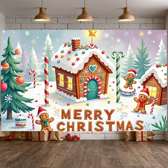Gingerbread House Christmas Banner Candy Cane Holiday Backdrop Snowy Scene Festive Design Xmas Background for Christmas Party Holiday Celebration Home Decoration