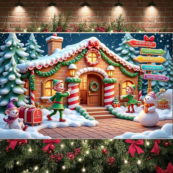 Gingerbread House Christmas Banner Elf Characters Xmas Backdrop Snowman Figure Gift Boxes Winter Background for Christmas Party Holiday Decoration Xmas Celebration