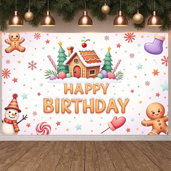 Gingerbread House Christmas Birthday Banner Christmas Tree Holiday Backdrop Snowman Figure Candy Cane Background for Christmas Birthday Party Winter Holiday Celebration Kids Birthday Event