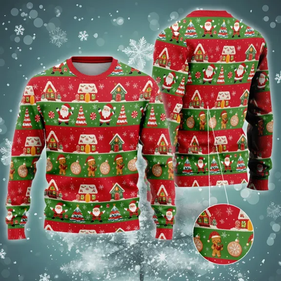 Gingerbread House Christmas Sweater For Men Women, Xmas Gingerbread Cookie All Over Printed Sweater,holiday Crewneck Unisex Pullover Sweater