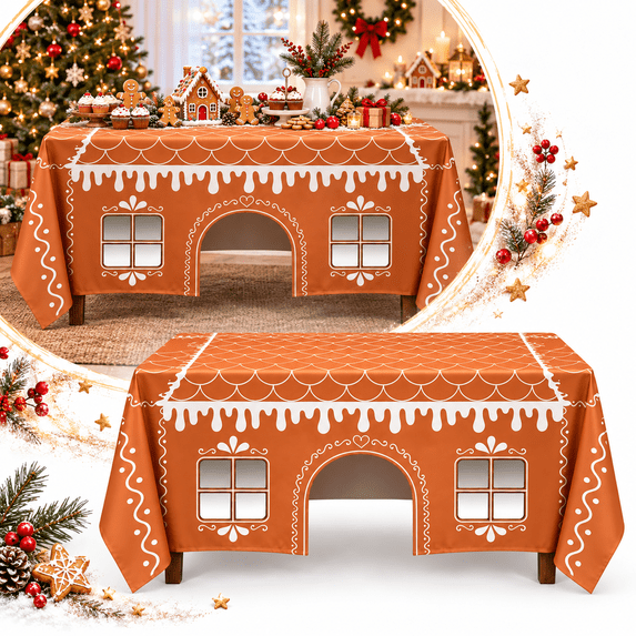 Gingerbread House Christmas Table Cover, Holiday Playhouse Style Tablecloth with Door and Window Design for Indoor Table Fort Decor (S)