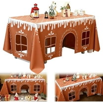 Gingerbread House Christmas Tablecloth, Holiday Painting Table Cover, Festive Winter Pattern Cloth for Party Dining Room Kitchen Decor, Interactive Playhouse with Playful Cut-Out Windows
